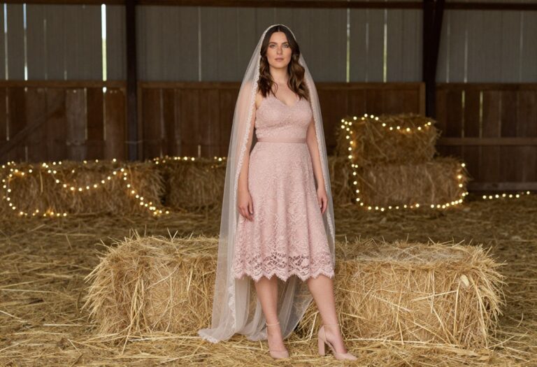 Woman in dusty rose lace A-line dress with cathedral veil in a barn