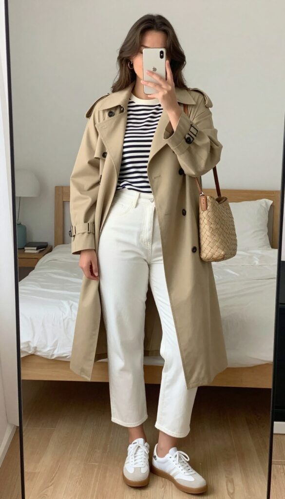 A woman in cropped white jeans and a striped Breton top, layered with a beige trench coat, white sneakers, and a woven crossbody bag, accessorized with gold hoops.
