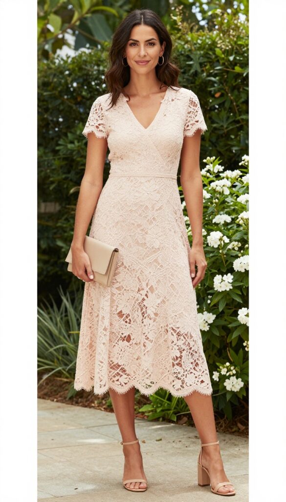 Young adult woman with medium skin tone wearing a blush lace midi dress with short sleeves and V-neckline, nude block-heel sandals, small beige clutch, and gold hoop earrings, standing in a sunny garden.
