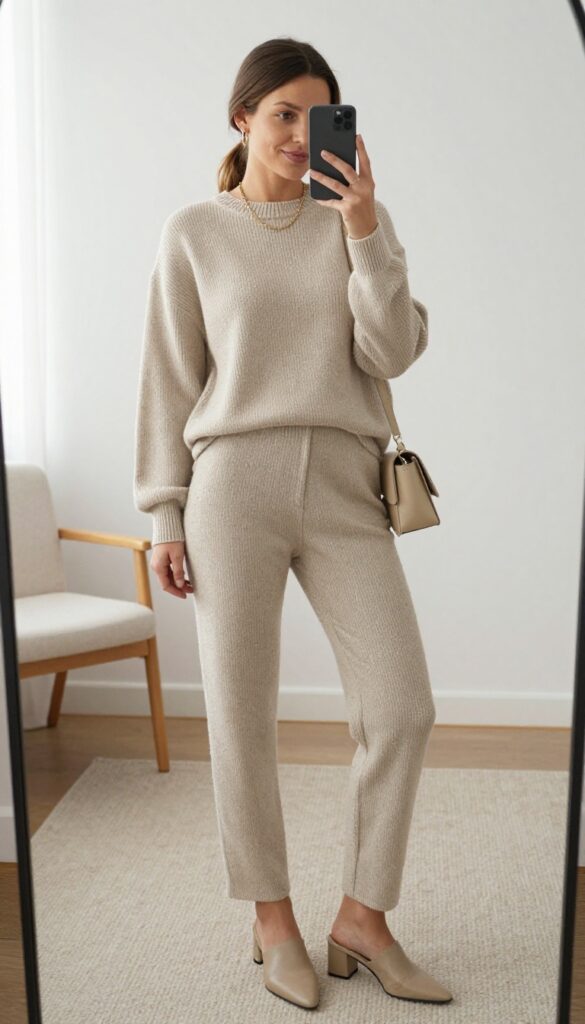 Woman in oatmeal ribbed knit set with neutral block-heel mules, taking a mirror selfie in a bright bedroom. Casual chic outfit idea.