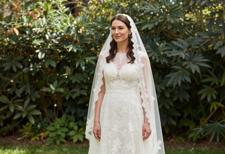 Woman in lace wedding dress with cathedral veil and pearl earrings in garden