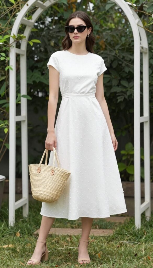 Woman in white tea-length fit-and-flare dress with cat-eye sunglasses and nude block-heel sandals in a garden wedding setting