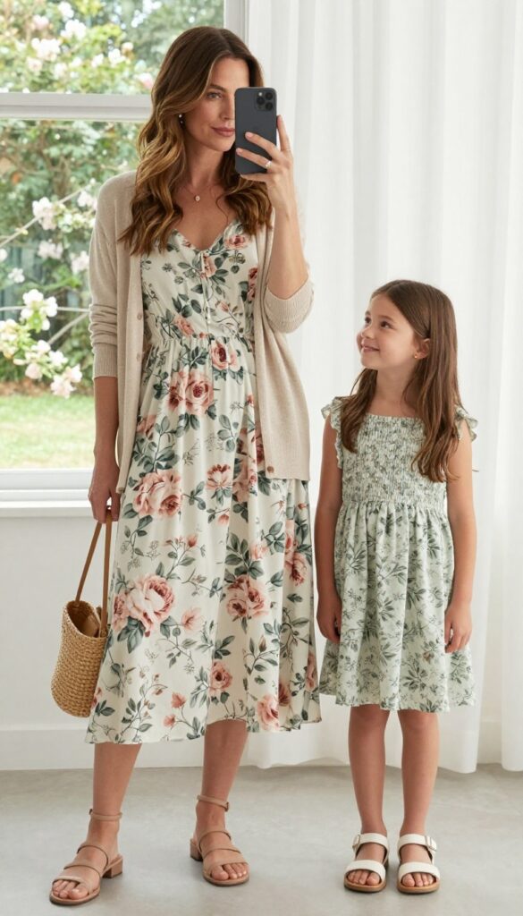 Mother and daughter wearing floral dresses in coordinating rose and sage tones, standing in front of a mirror, mother taking a selfie with phone partially covering her face, bright natural light, spring garden setting.