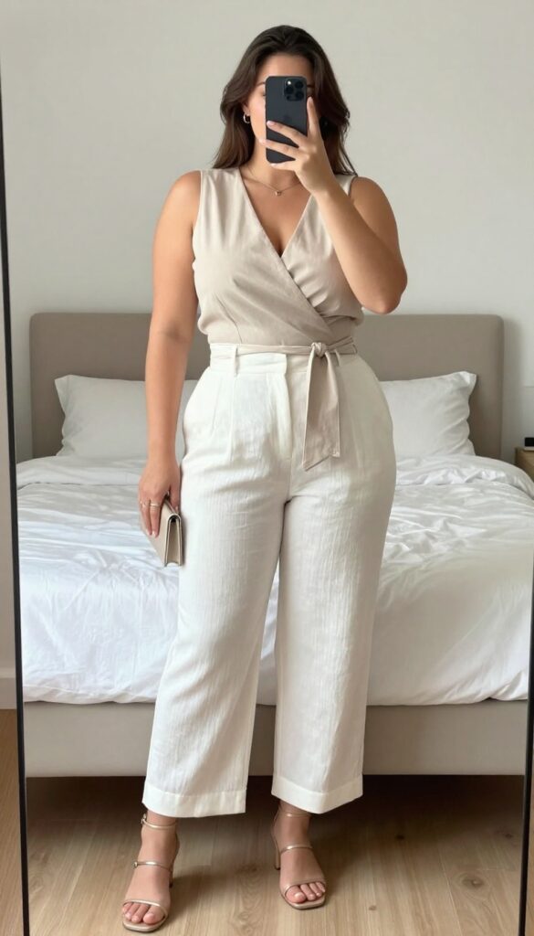 A woman in a monochrome beige outfit: wide-leg linen shorts and a wrap top, with strappy sandals and a clutch, standing in a bright office or outdoor setting.