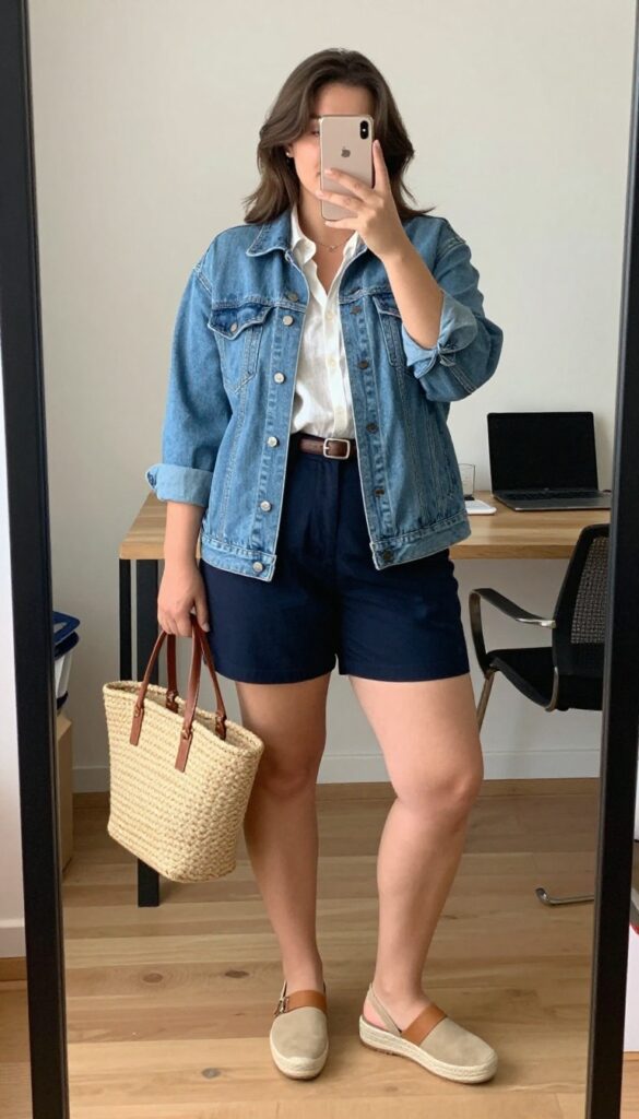 A woman in a light-wash denim jacket over a white linen button-down, navy tailored shorts, and tan espadrille wedges, holding a woven tote, standing in a sunny outdoor setting.