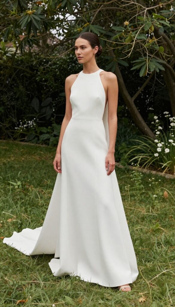 Woman in high-neck backless fitted wedding dress with detachable caplet train in garden