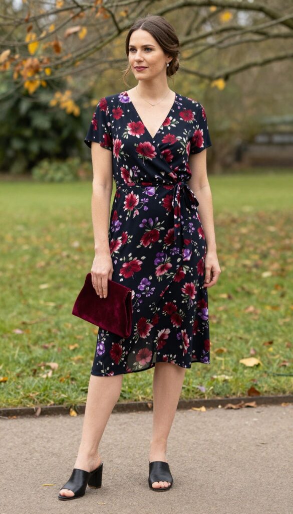 Woman in dark floral wrap dress with black block heels and burgundy clutch in garden