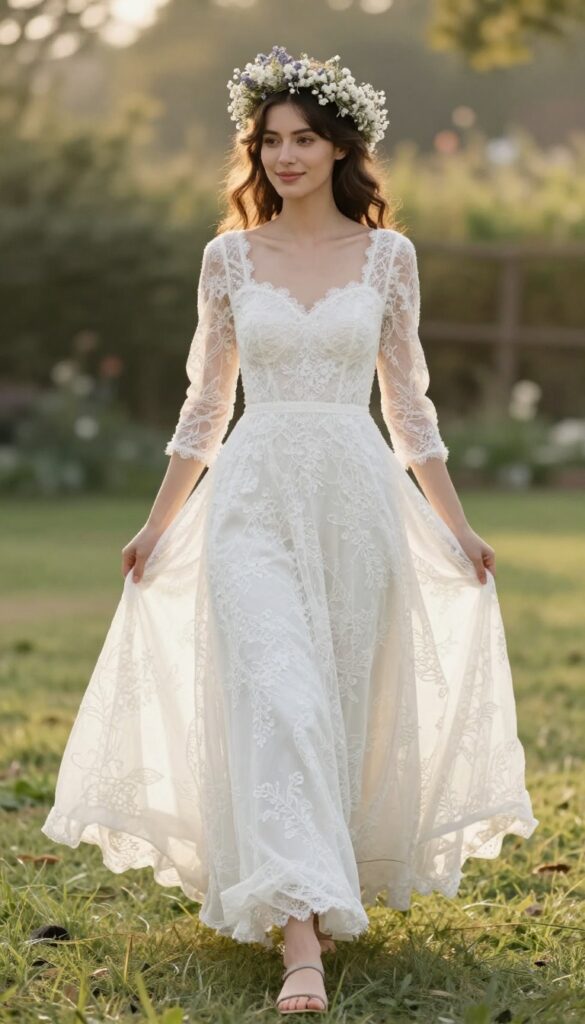 Boho bride in lace A-line dress with flower crown and barefoot sandals in garden
