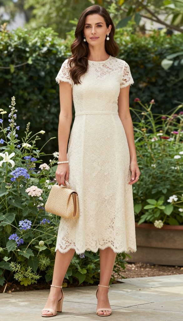 Woman in ivory tea-length lace dress with pearl drop earrings and nude block heels standing in a sunny garden
