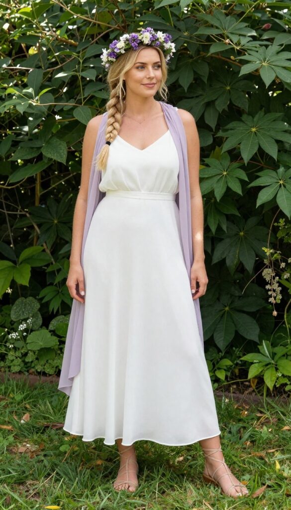 Woman in white A-line dress with lavender cape and flower crown in garden