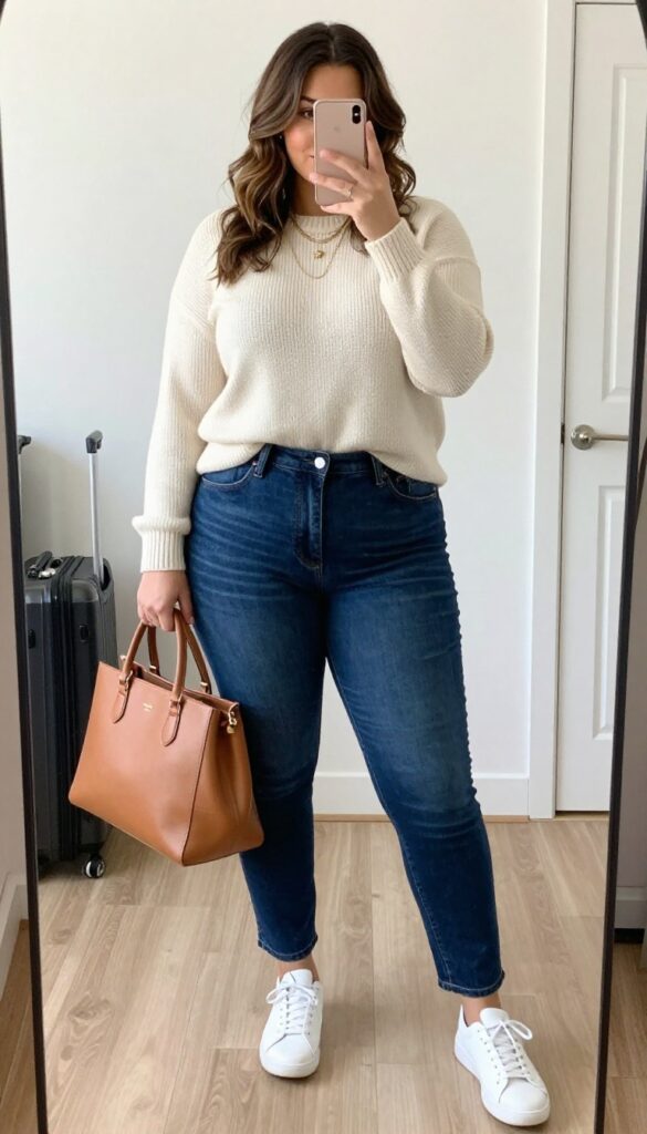 Plus-size woman in stretch straight-leg jeans and a cozy cream sweater, wearing slip-on sneakers and holding a tote bag, posing in an airport mirror selfie.