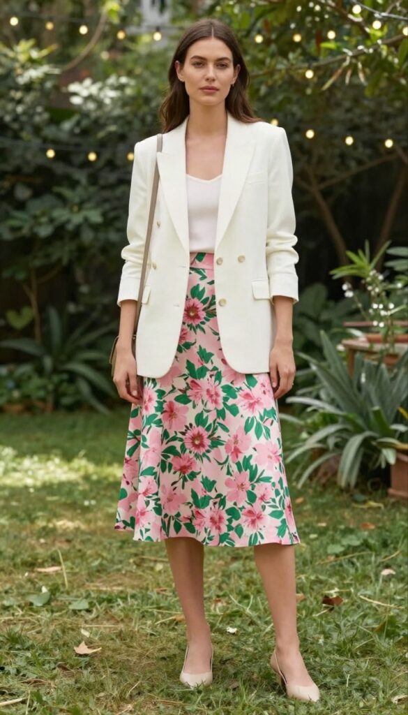 Woman in white blazer and floral midi skirt at garden wedding