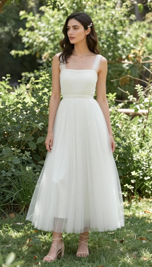Boho bride in square neckline tulle dress with pearl hair pins and nude strappy sandals, standing in a sunlit garden.