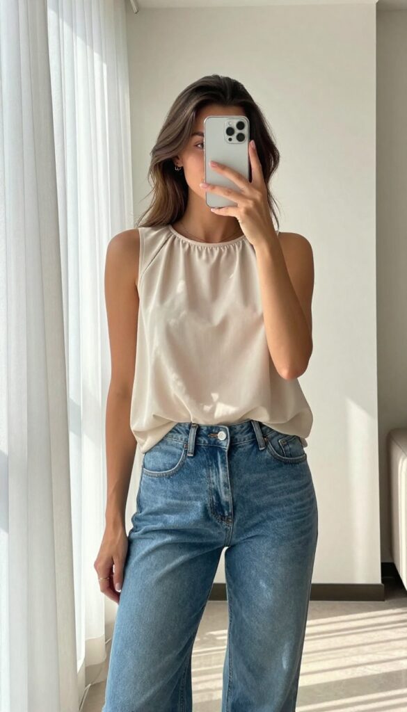 Woman in cream sleeveless blouse and cropped blue jeans, taking a mirror selfie with phone, tan mules and woven tote, natural makeup, bright natural light, effortless summer outfit.