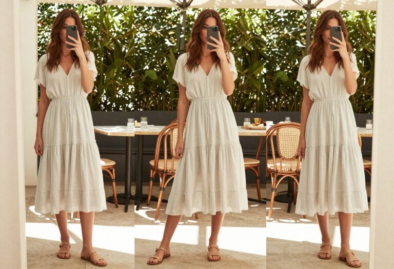 A woman in a flowy midi dress and strappy sandals at an outdoor brunch spot, looking effortlessly stylish.