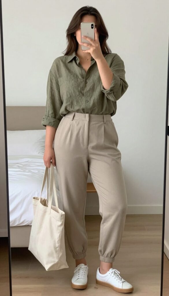 Woman in olive linen shirt tucked into beige tailored joggers, white slip-on sneakers, and canvas tote, standing in a bright office or home setting.