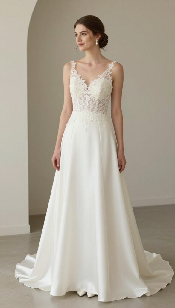 Classic A-line satin wedding gown with illusion neckline, pearl earrings, and white rose bouquet in church setting.