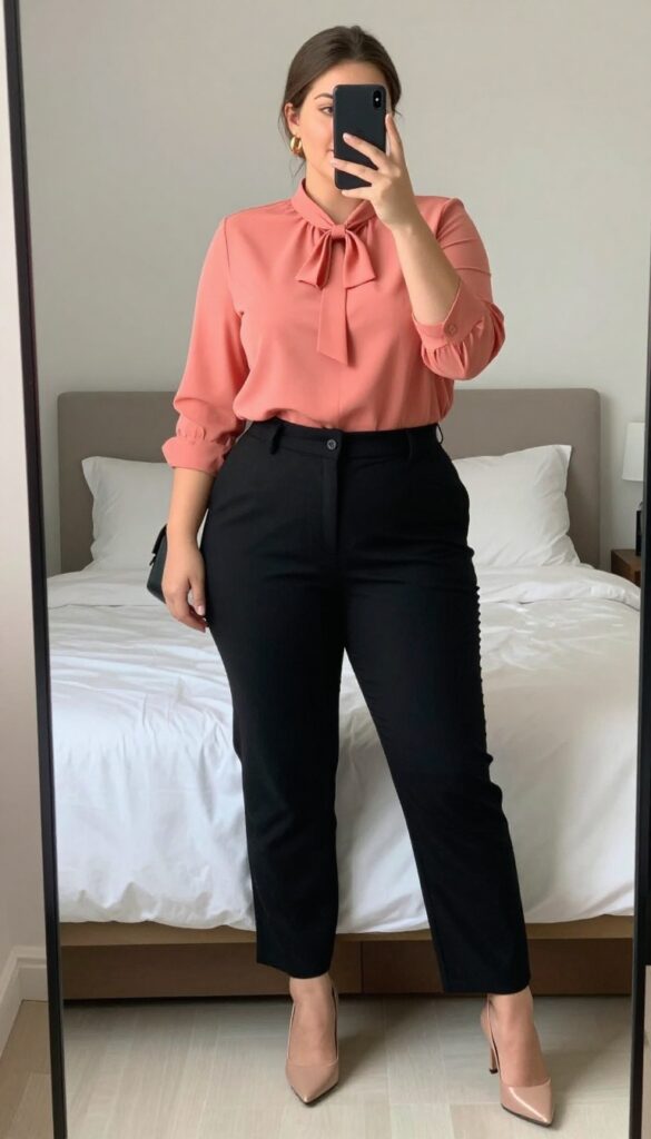 Plus size woman in coral blouse and black trousers with nude pumps, gold hoops, and black tote, posing confidently in an office setting.