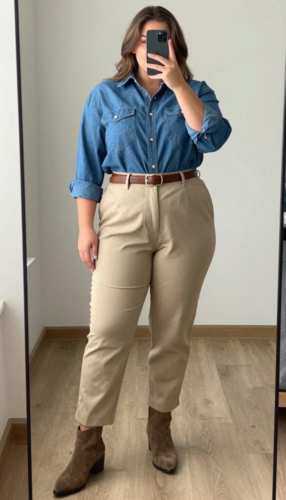 A woman in a tucked chambray shirt and tailored trousers, with a brown belt and suede ankle boots, standing in a bright office setting.