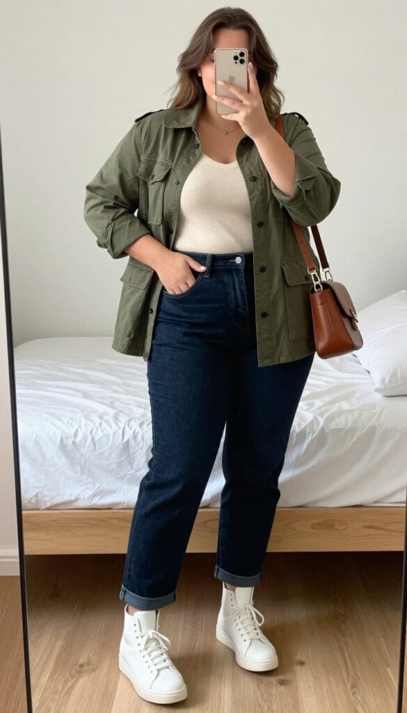 Woman in olive utility jacket, cream knit, and dark denim jeans, standing in a mirror selfie pose in a bedroom, partially covering her face with a phone.
