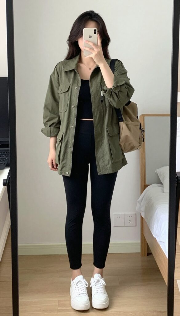 Woman in olive utility jacket, black top and joggers, white sneakers, and backpack, standing in a modern office hallway.