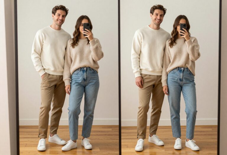 A couple in coordinated neutral outfits: woman in beige sweater and light jeans, man in cream sweatshirt and khakis, taking a mirror selfie in a bright, casual setting.