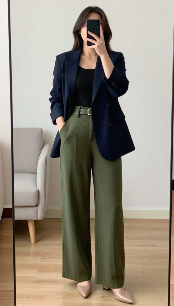 Petite woman in a wide-leg jumpsuit with a belt and blazer, posing in a mirror selfie, phone partially covering face, bedroom setting.
