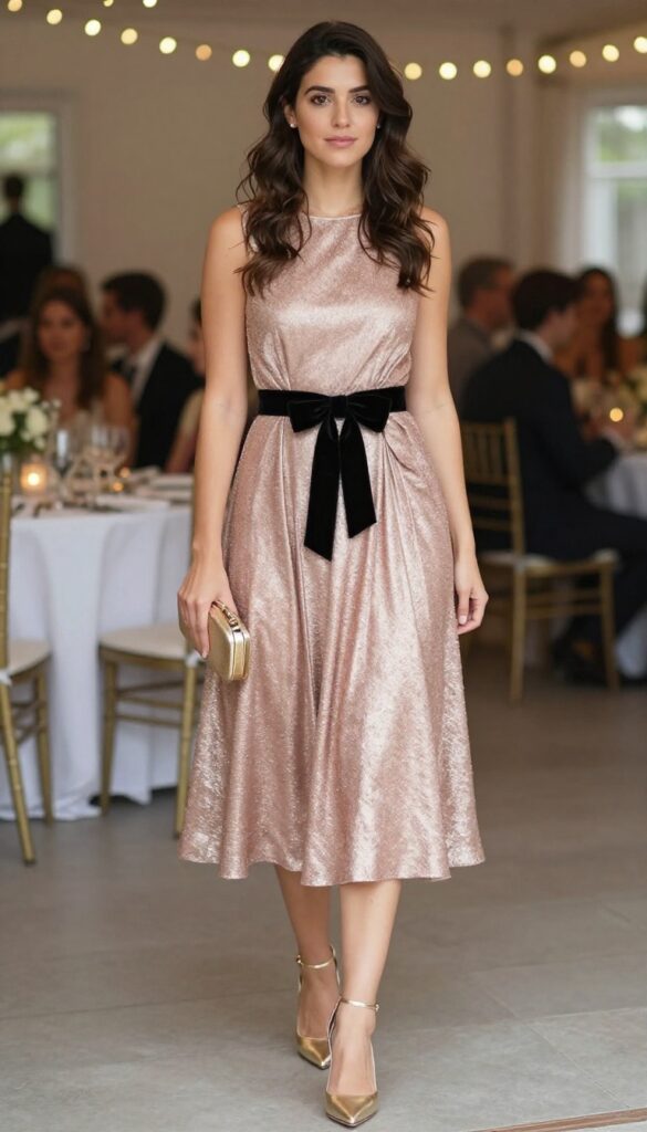 Woman in rose gold glitter dress with black velvet bow and gold heels at evening wedding reception