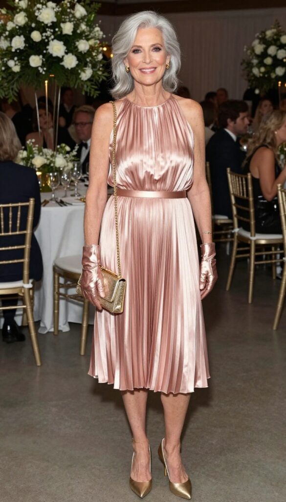 Rose gold pleated midi dress with fingerless gloves on a mature woman at a wedding reception