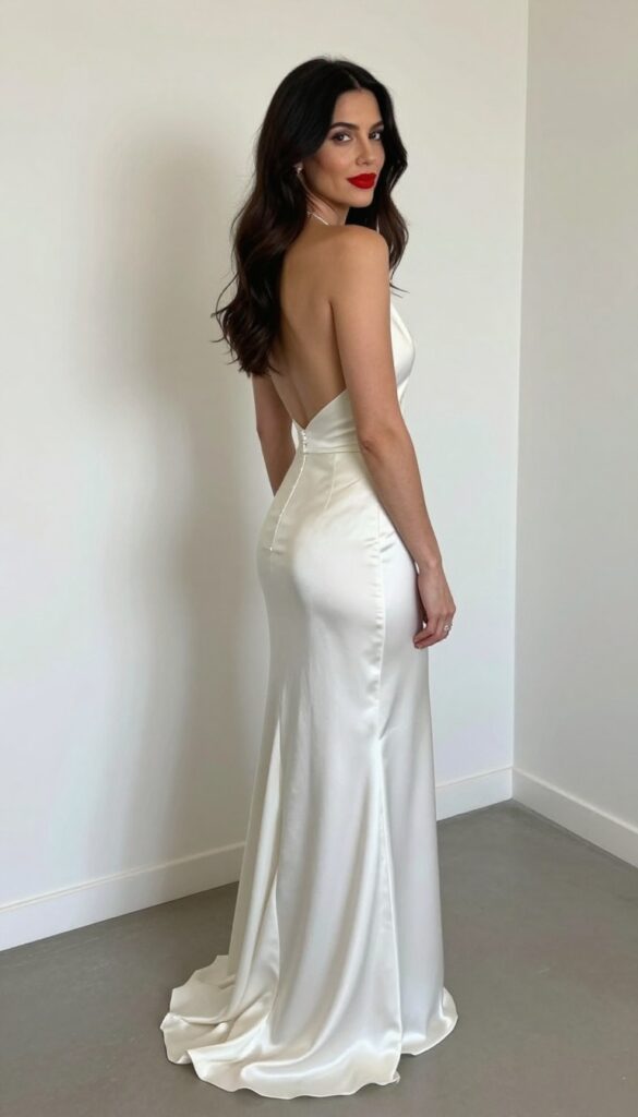 Woman in low-back satin wedding dress with bold red lip, looking over shoulder