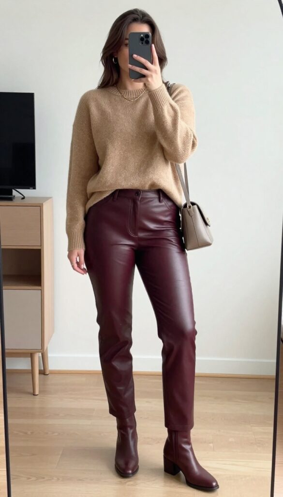 A woman in a camel cashmere sweater and black leather pants, standing in a bright office hallway, holding a coffee cup.