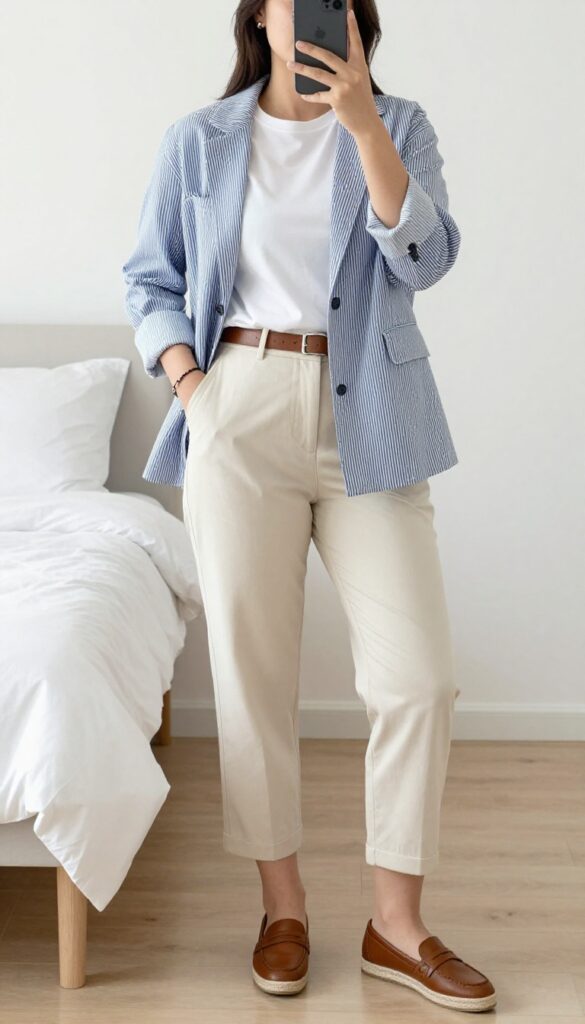 A woman in a seersucker blazer, white tee, and cropped trousers, standing confidently in a bright office.
