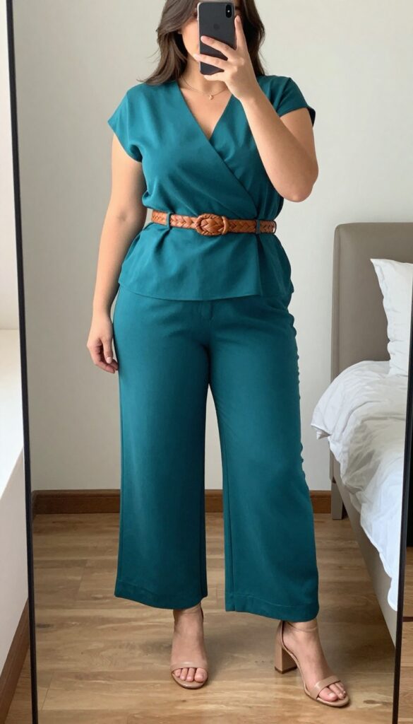 A woman in a teal wrap top and camel wide-leg trousers, standing in an office setting, holding a coffee cup.