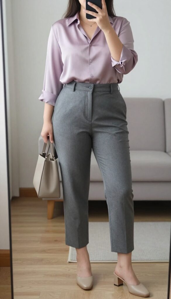 Woman in grey cropped pants, pastel silk blouse, and block-heel mules, holding a structured tote, in a mirror selfie.