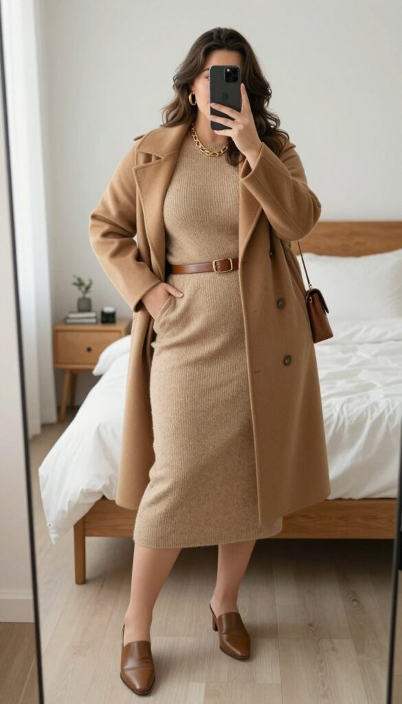 Woman in camel knit set with gold accessories and heeled mules, standing in a modern office