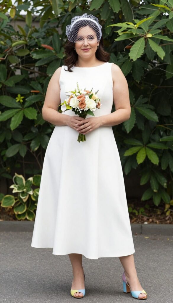 Curvy bride in white tea-length dress with full petticoat, colorful block-heel pumps, birdcage veil, and small bouquet, standing in a sunny garden.