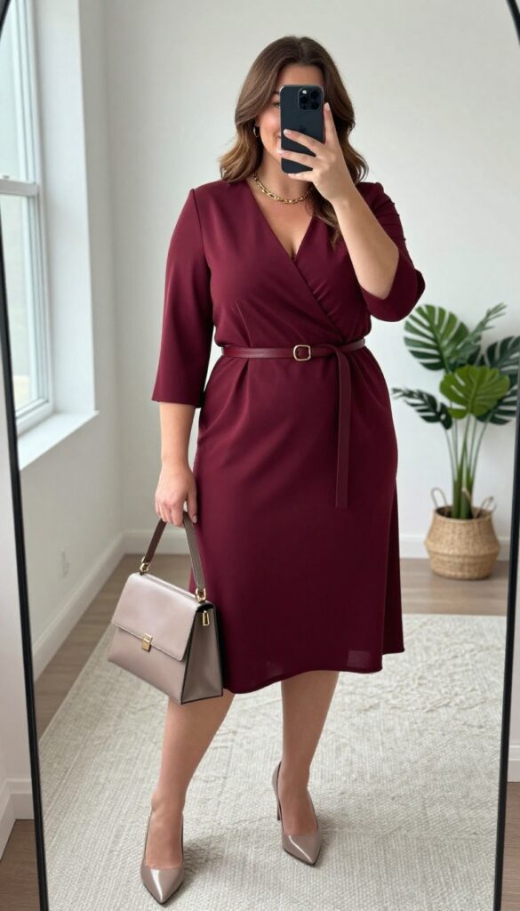 Plus-size woman in burgundy wrap dress with mid-length hem, nude heels, and minimal jewelry, taking a mirror selfie in a bright, modern bedroom.