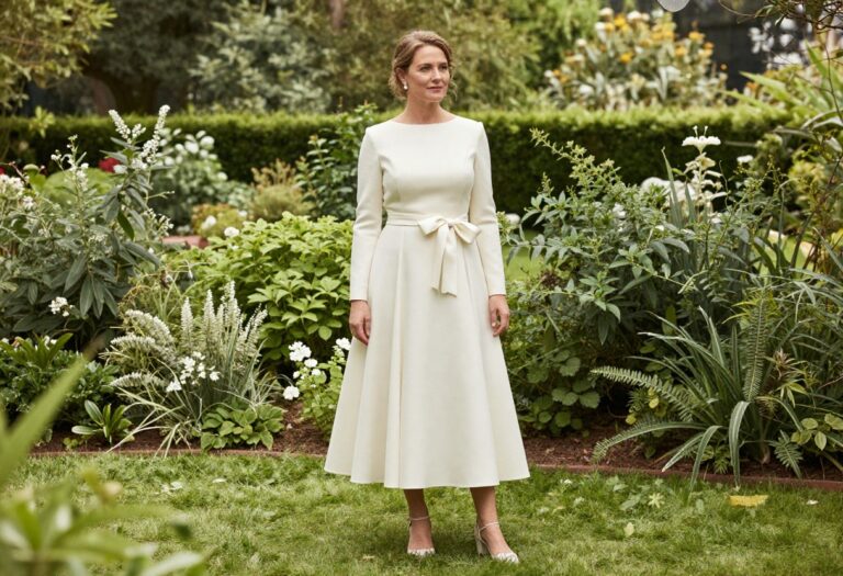 Woman in modest wedding dress with luxe bow at waist in garden