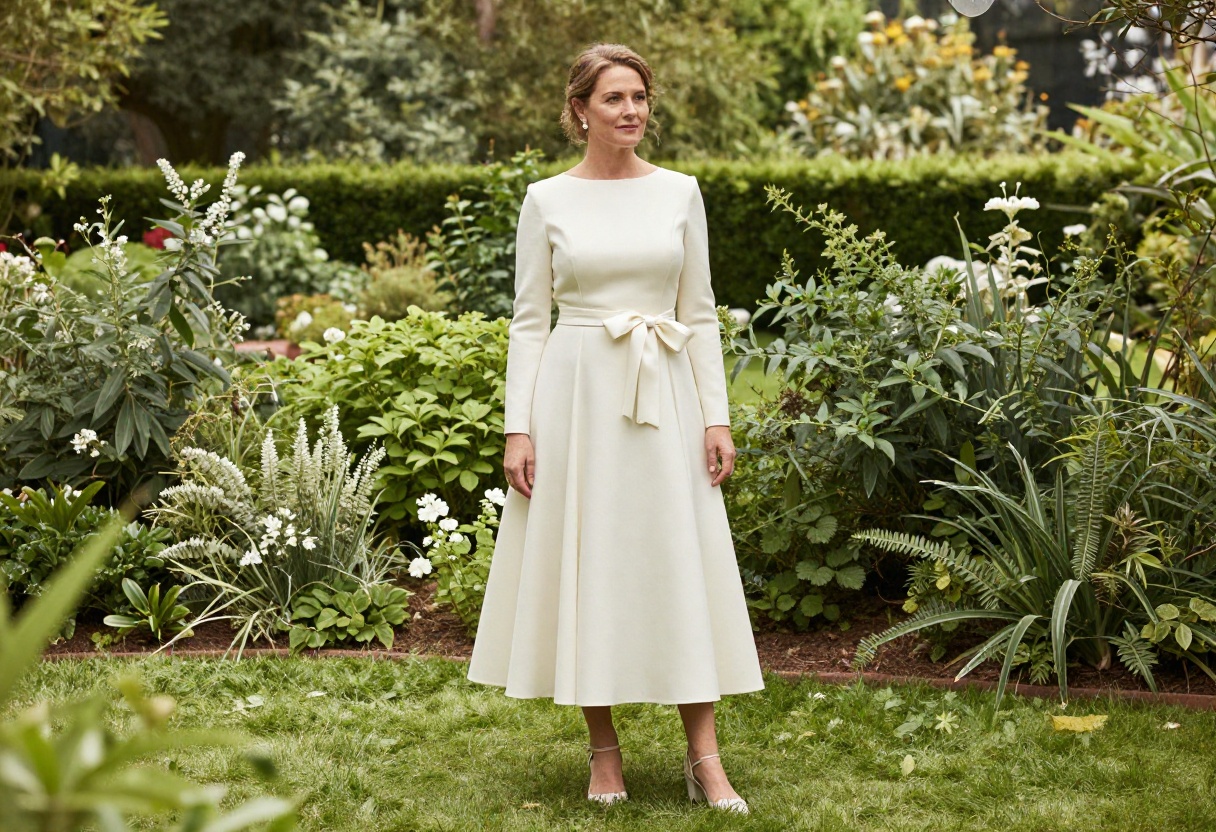 Woman in modest wedding dress with luxe bow at waist in garden