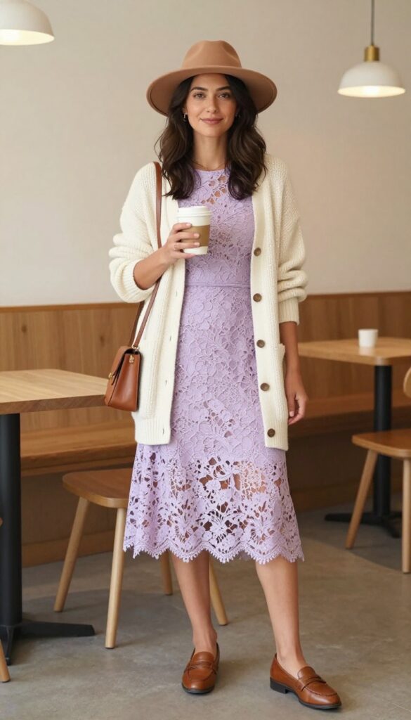 Woman in pastel lace midi dress with oversized cream cardigan and brown loafers, holding coffee in café
