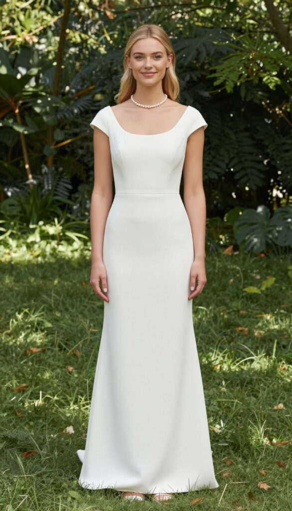 Woman in white cap sleeve wedding dress with pearl choker in garden