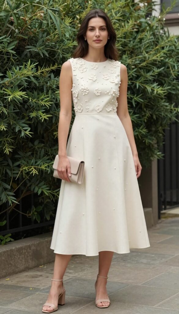 Adult woman in ivory A-line dress with floral appliqué bodice, pearl studs, nude block-heel sandals, standing in sunlit garden.