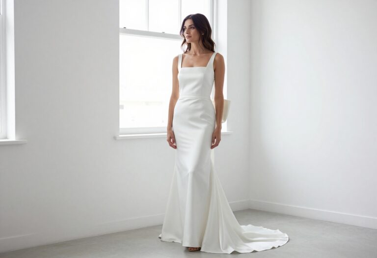 Woman in fitted white satin mermaid wedding dress with back bow, standing in bright room