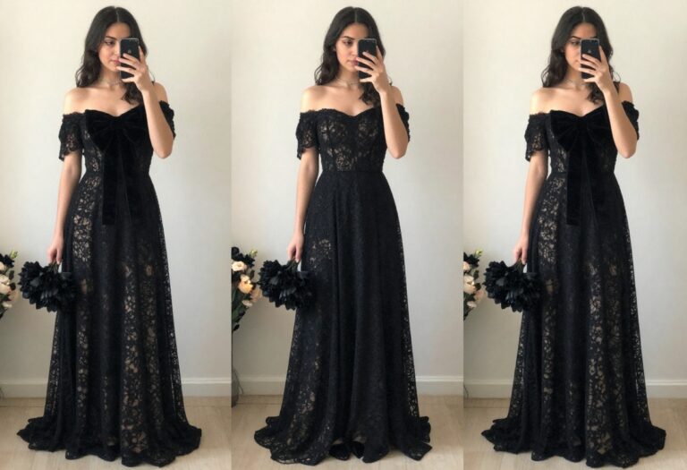 Woman in black lace off-shoulder wedding dress with large velvet bow at back, holding black bouquet in moody indoor setting