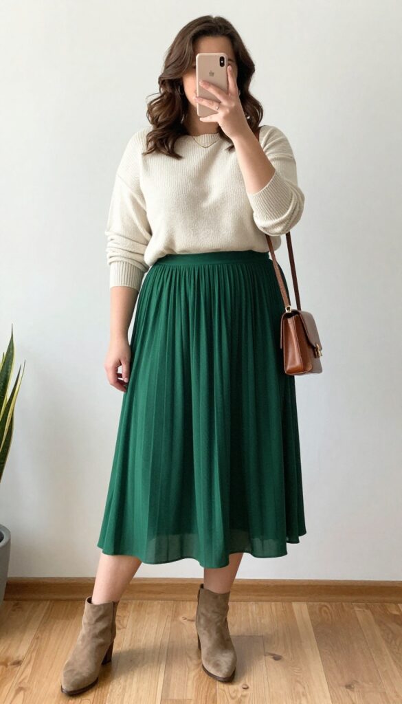 Plus-size woman in cream knit sweater and forest green pleated midi skirt, taking a mirror selfie in a bright room.