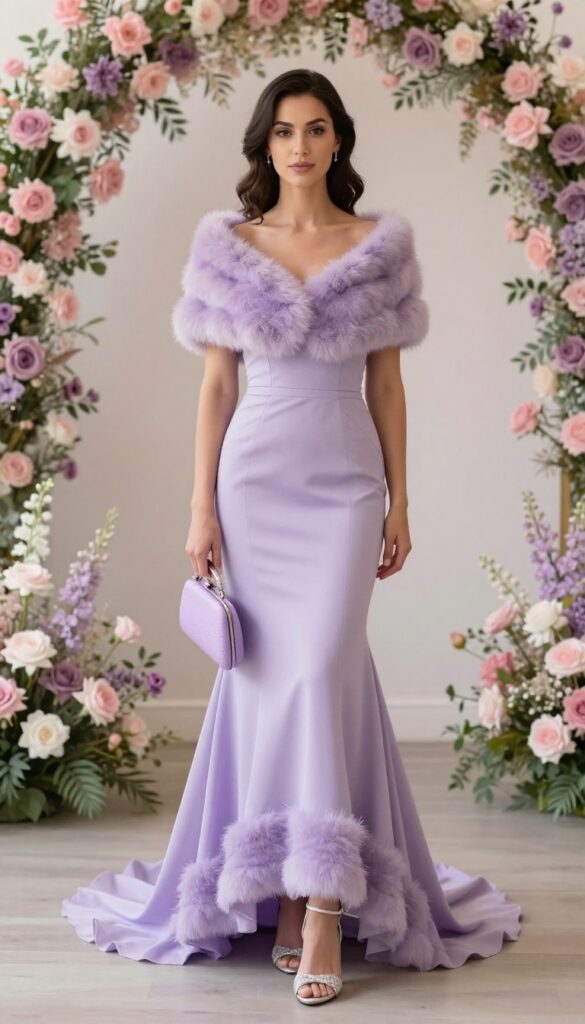 Woman in icy lavender mermaid wedding dress with faux fur stole, silver heels, and lavender clutch in pastel ballroom