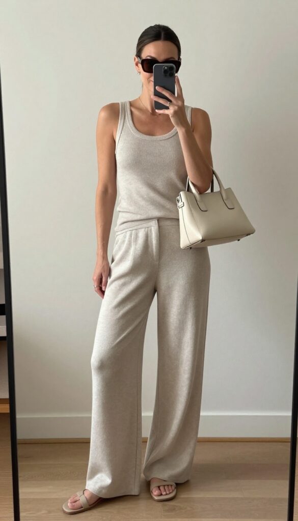 A modern mom in a neutral co-ord set and slides, taking a mirror selfie in a bright, clean room, showcasing a polished yet relaxed outfit.