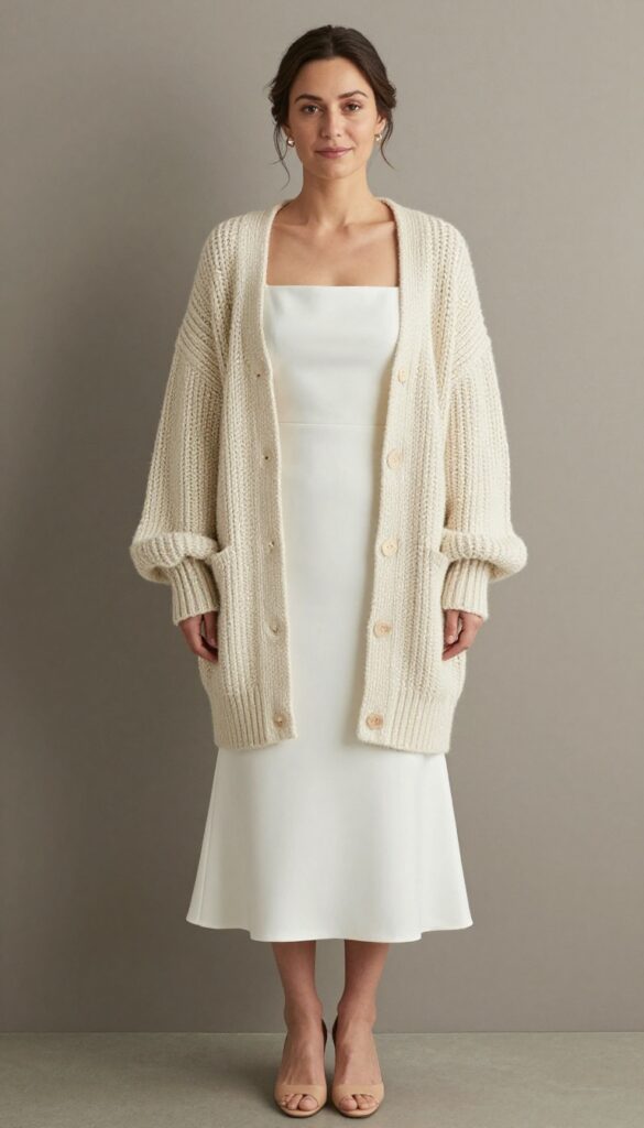 Woman in cream oversized knit cardigan over white square neck wedding dress, standing in cozy living room, soft lighting, gold earrings, nude block heels.