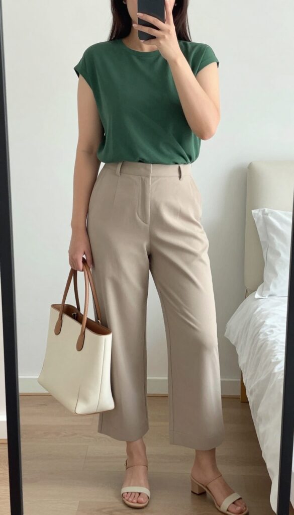 A woman in a terracotta Tencel wrap top and wide-leg cropped pants, posing in a bright office setting.