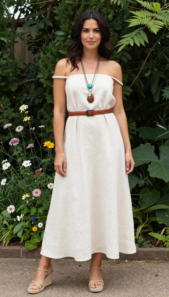 Young adult woman with long wavy brown hair wearing off-shoulder ivory linen A-line dress with woven belt, layered necklaces, and strappy wedges, standing in sunlit garden.